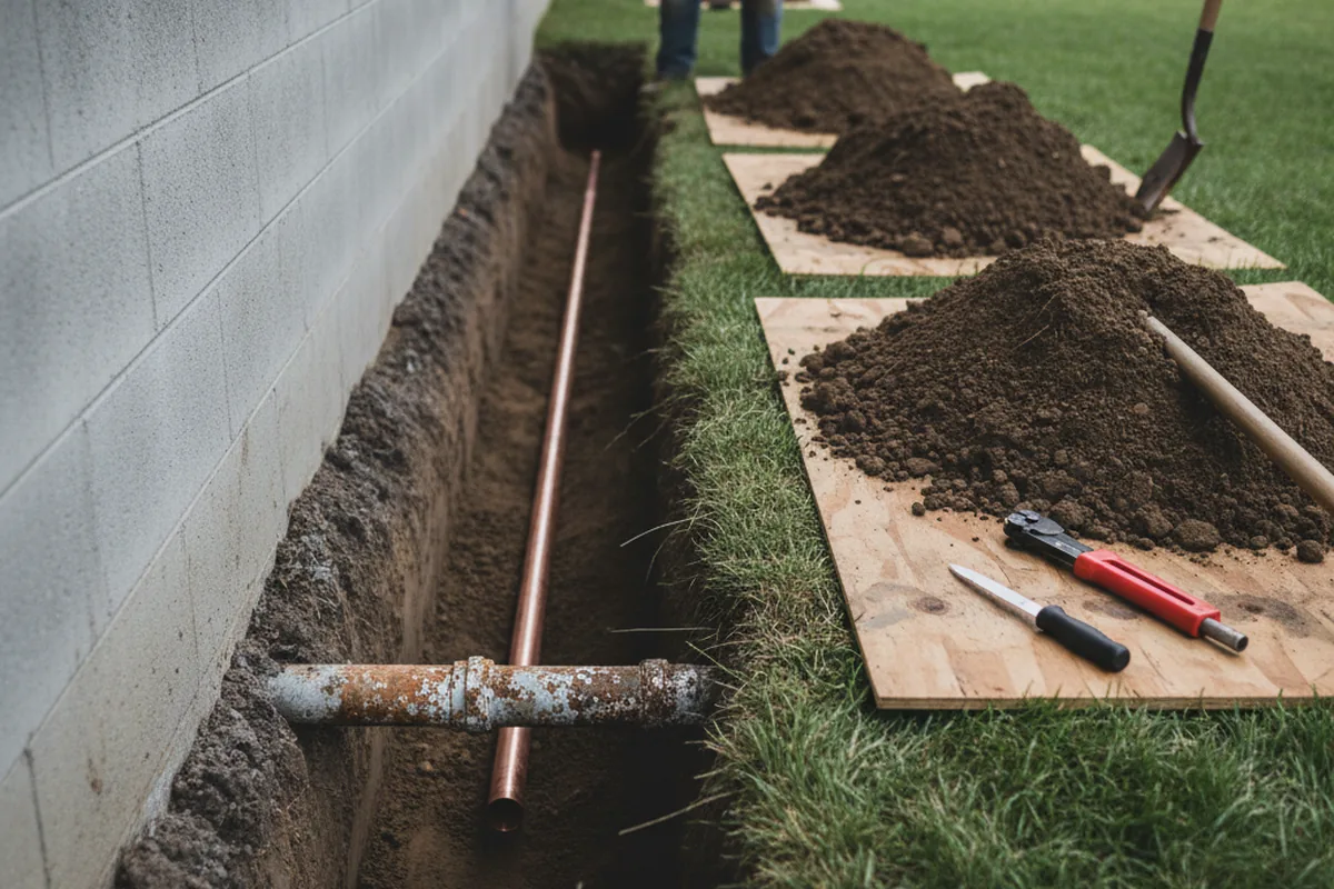 Excavated water line trench during Sewer Line Repair in Benton